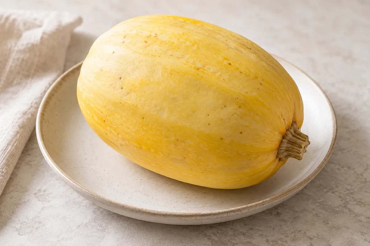 Courge spaghetti sur un fond de lin clair.