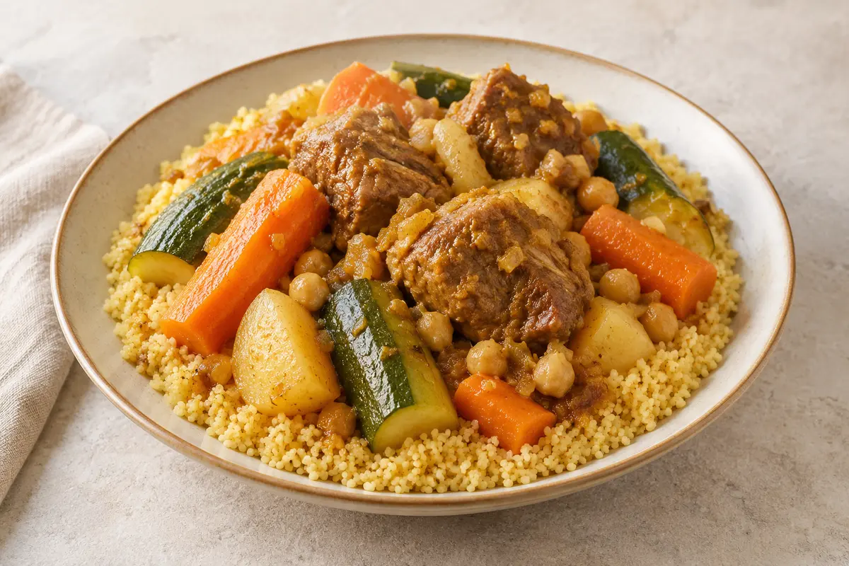 Couscous à la viande sur un fond de lin clair.