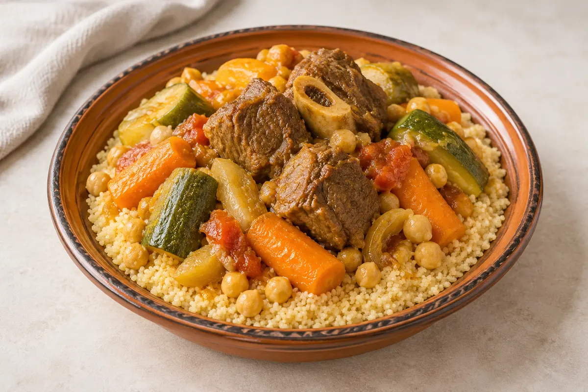 Couscous au mouton sur un fond de lin clair.