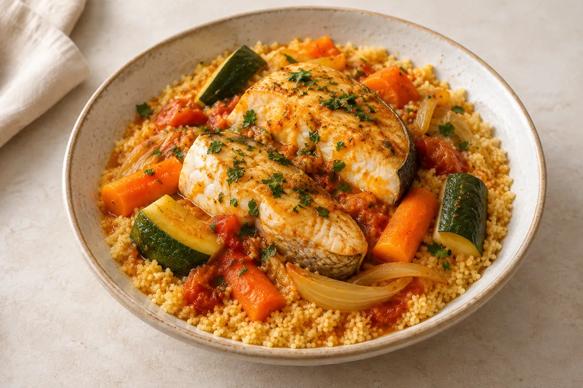 Couscous au poisson sur un fond de lin clair.