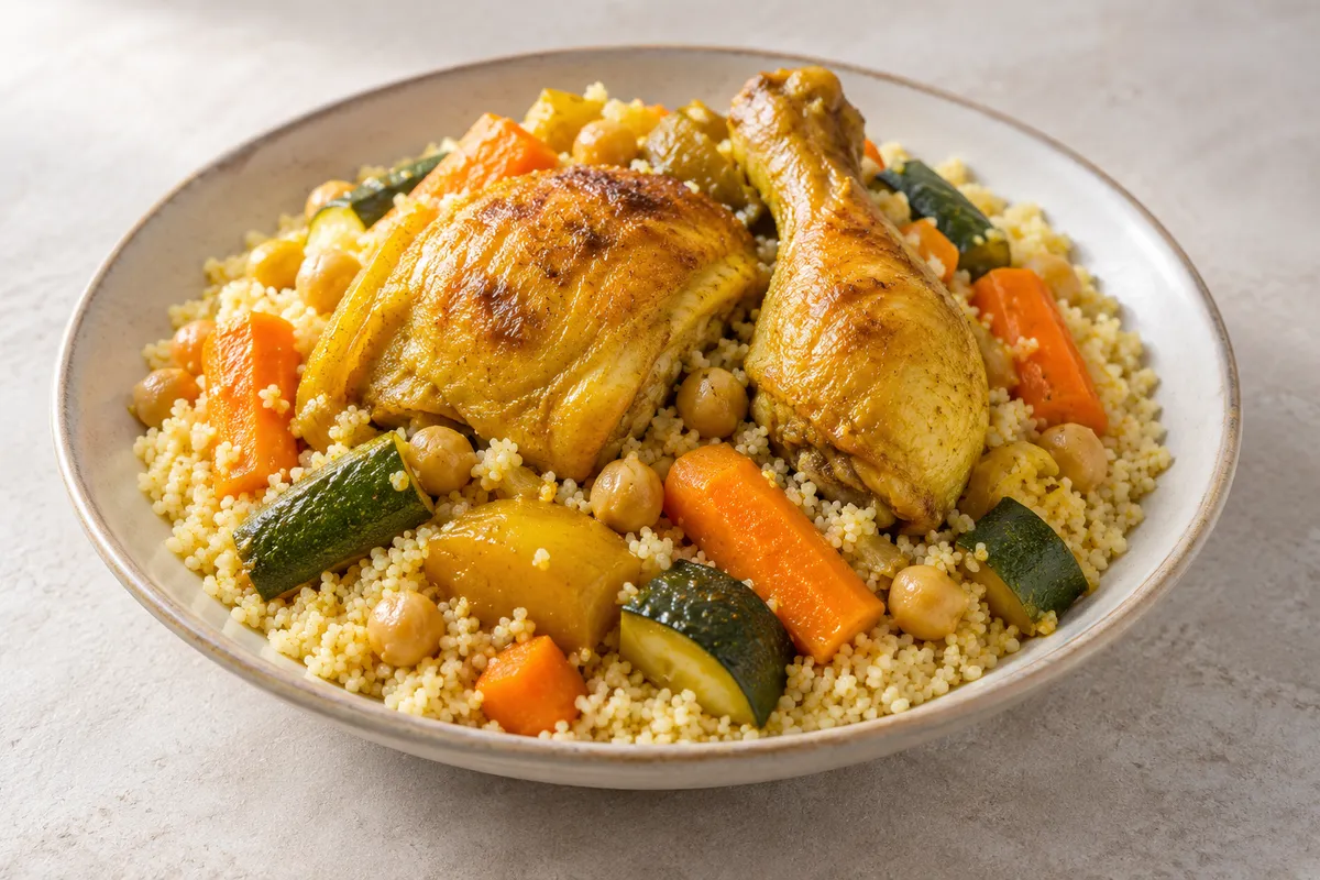 Couscous au poulet sur un fond de lin clair.