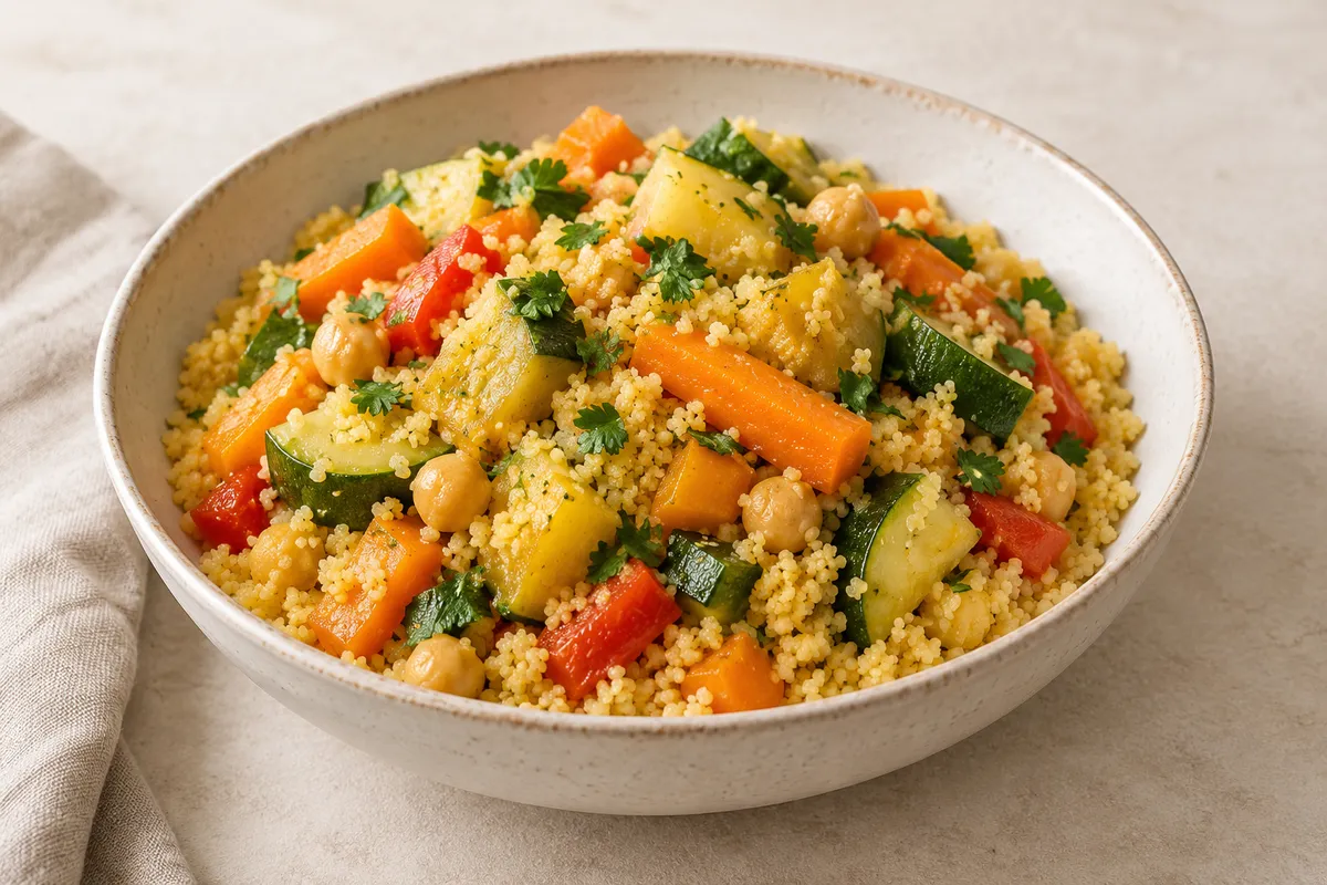Couscous de légumes sur un fond de lin clair.