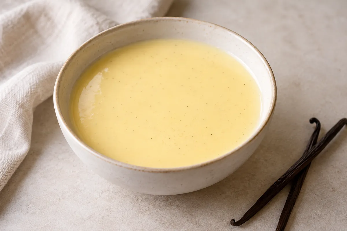 Crème anglaise sur un fond de lin clair.