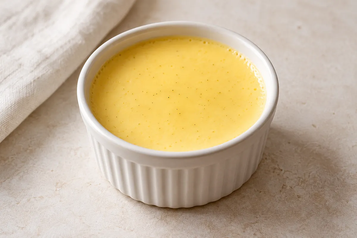 Crème aux oeufs sur un fond de lin clair.