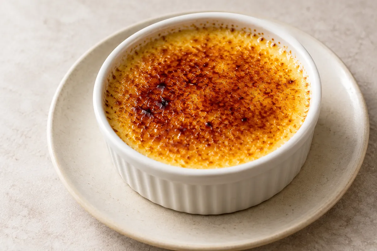 Crème brûlée sur un fond de lin clair.