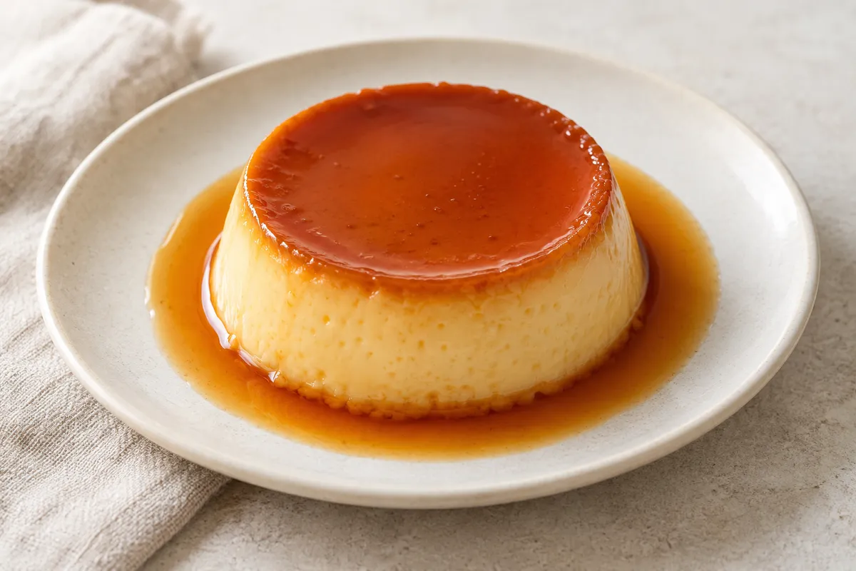 Crème caramel sur un fond de lin clair.
