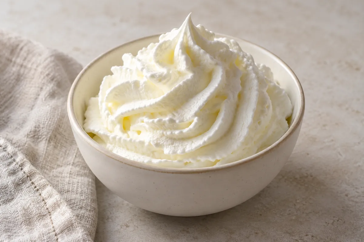 Crème chantilly sur un fond de lin clair.