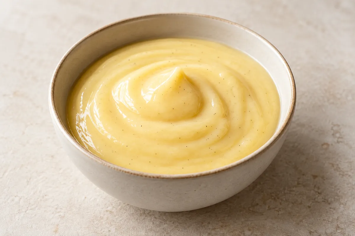 Crème dessert sur un fond de lin clair.