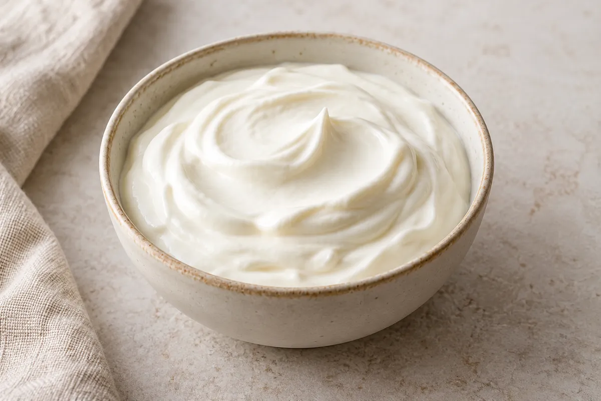 Crème MG sur un fond de lin clair.