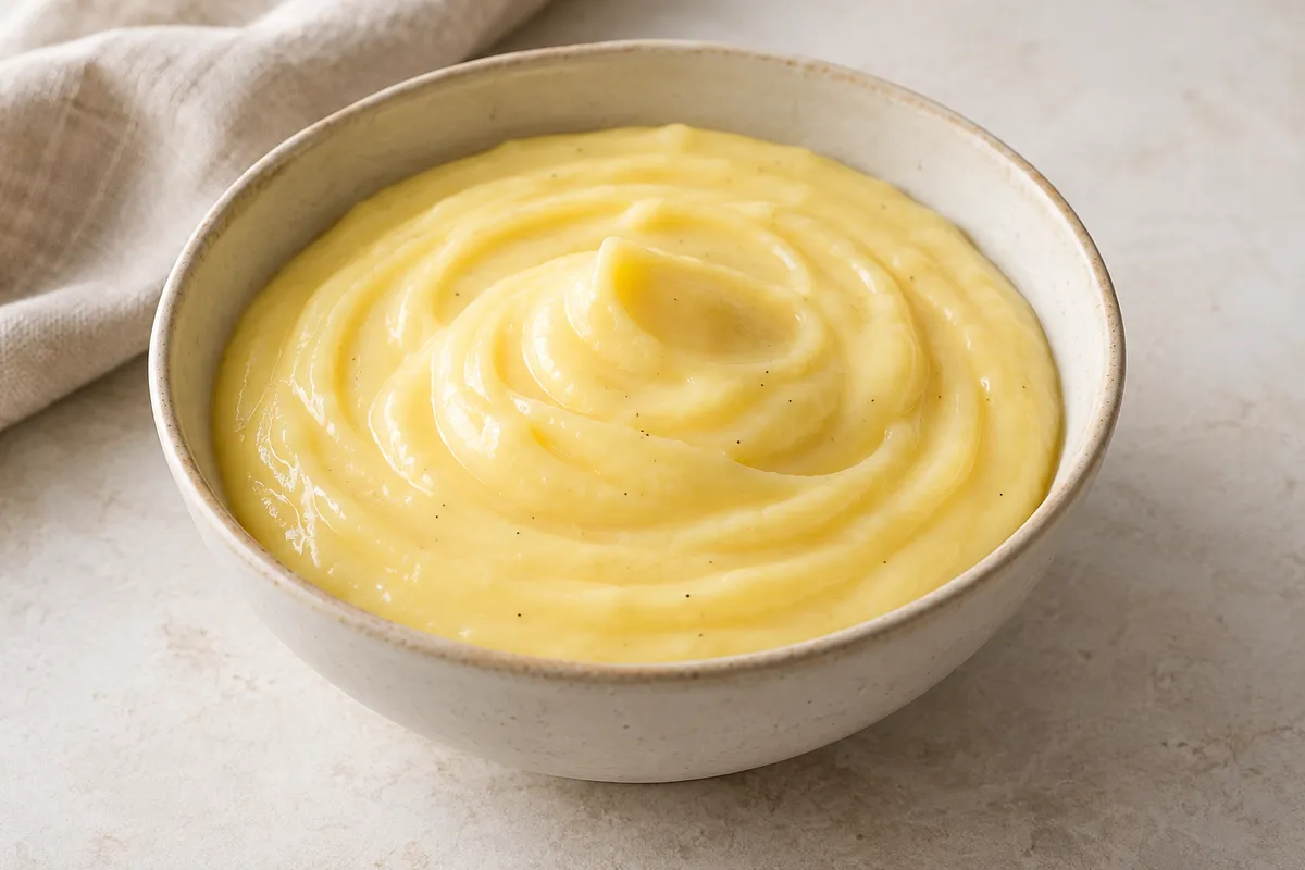 Crème pâtissière sur un fond de lin clair.