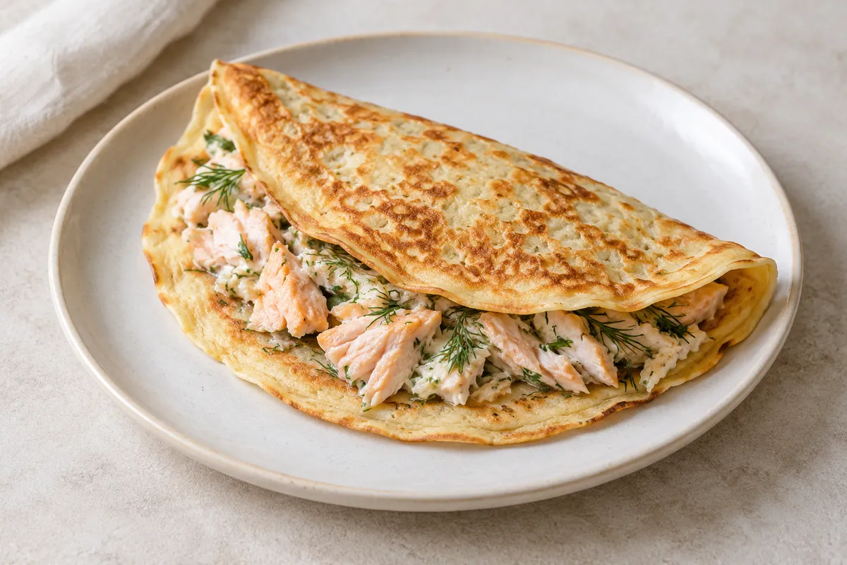 Crêpe au poisson sur un fond de lin clair.