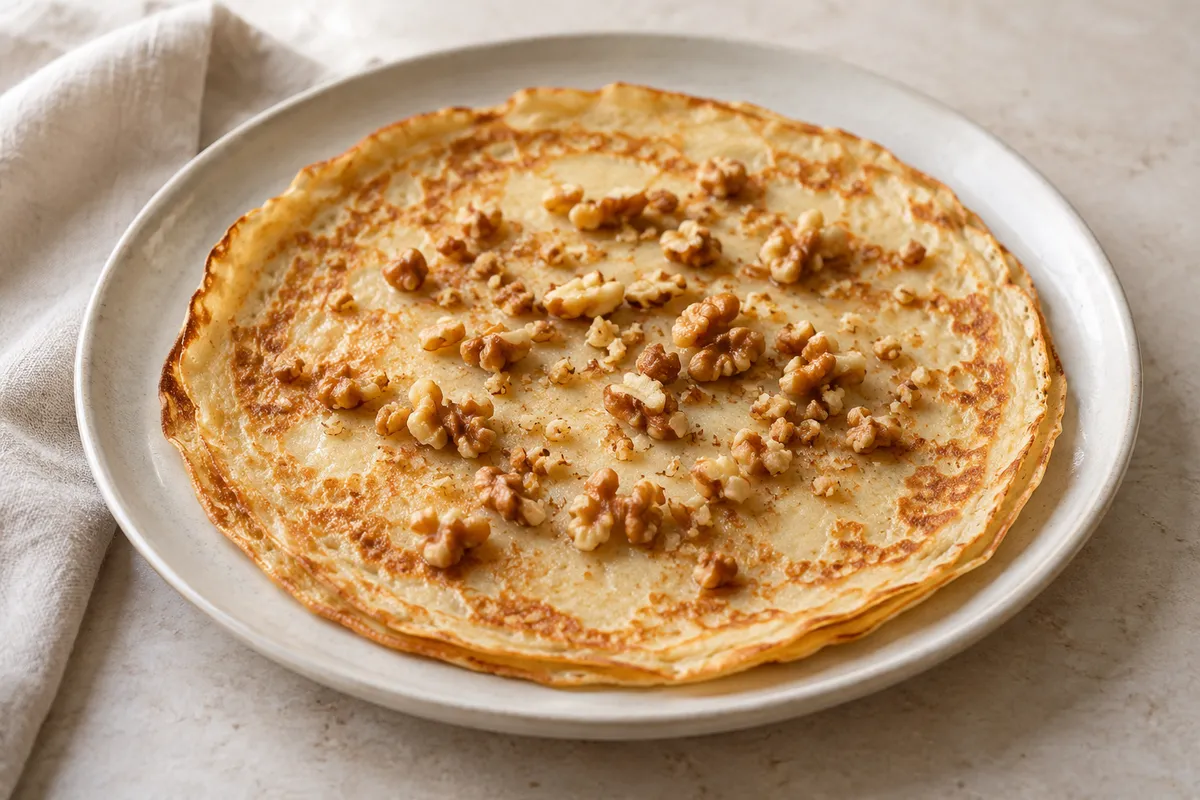 Crêpe aux noix sur un fond de lin clair.