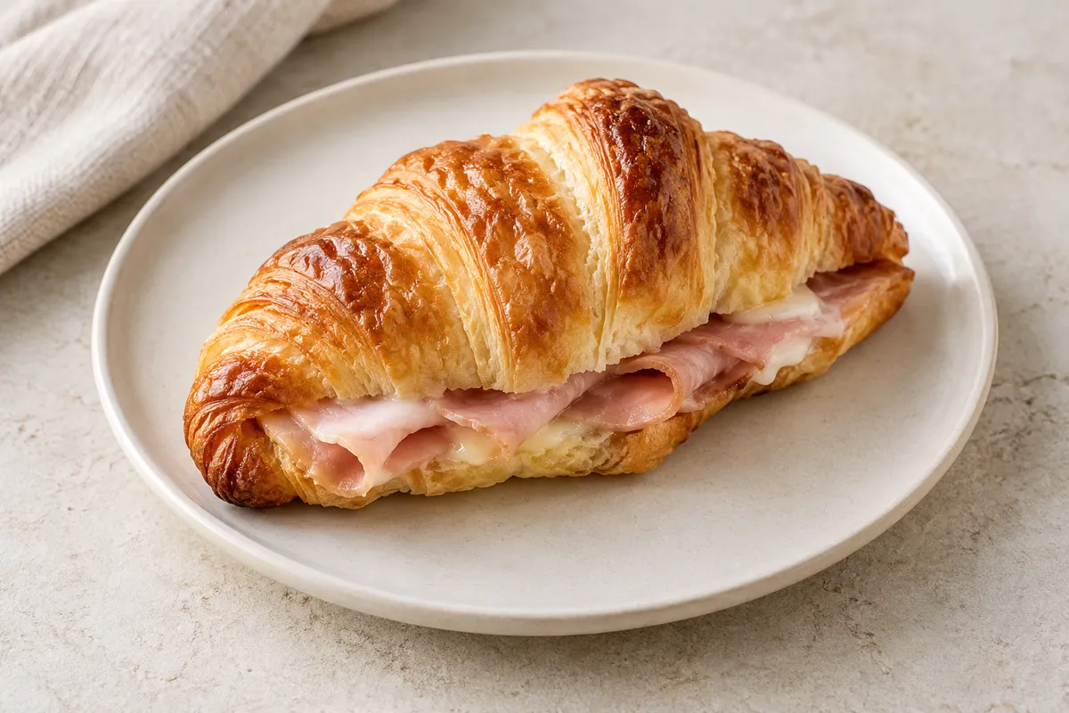 Croissant au jambon sur un fond de lin clair.