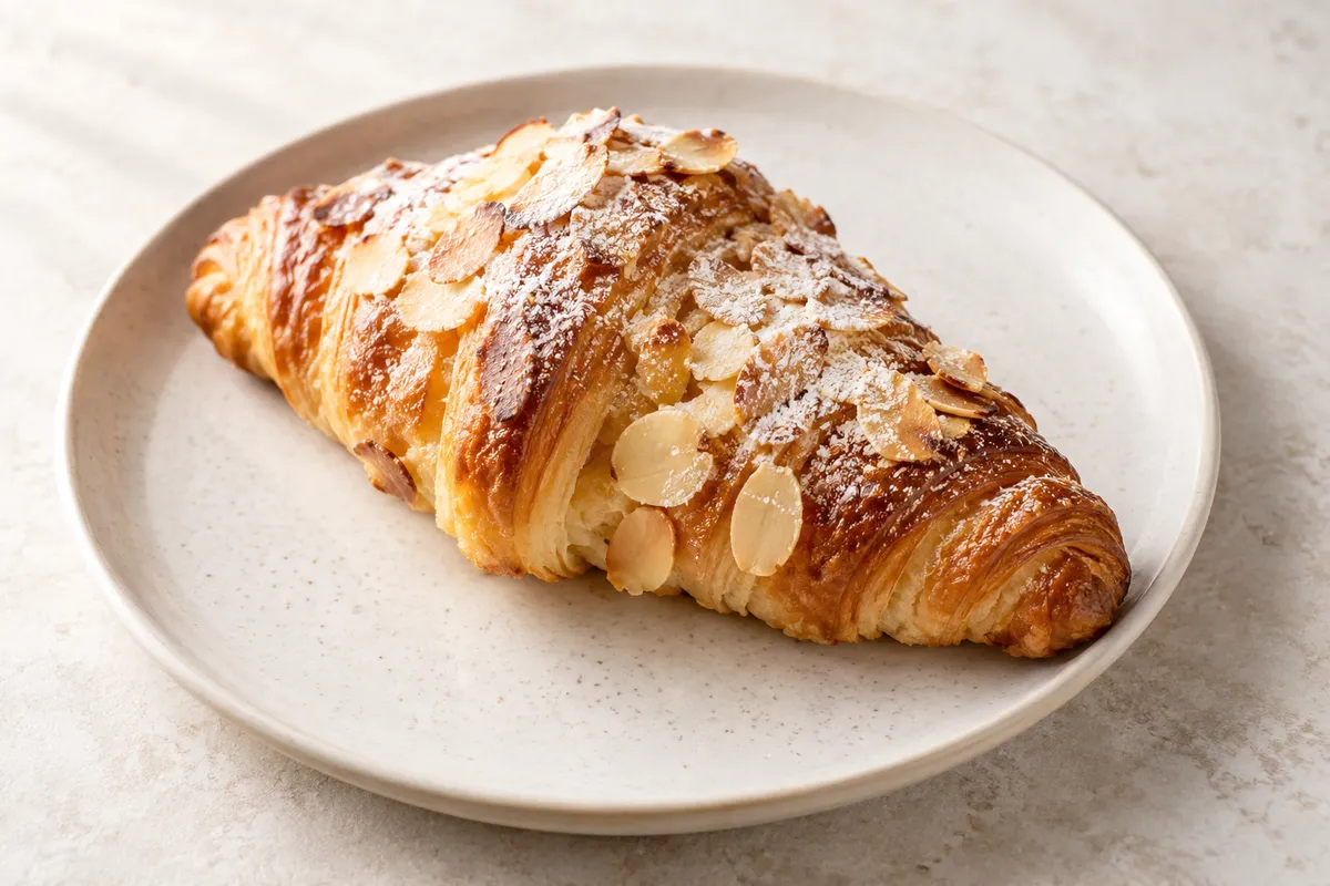 Croissant aux amandes sur un fond de lin clair.