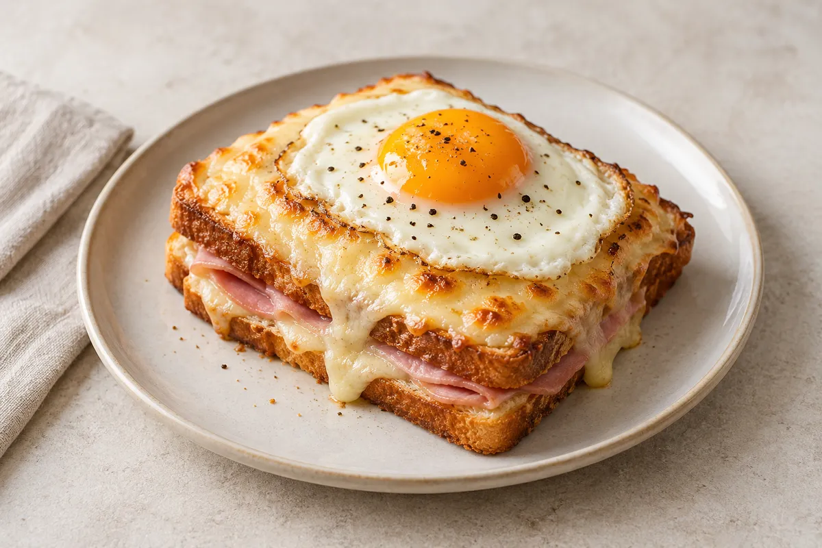 Croque-madame sur un fond de lin clair.