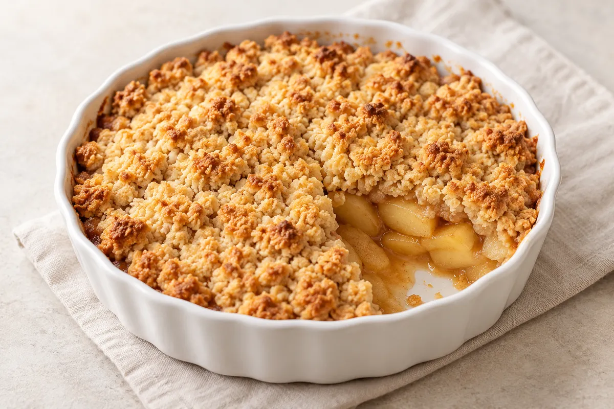 Crumble aux pommes sur un fond de lin clair.