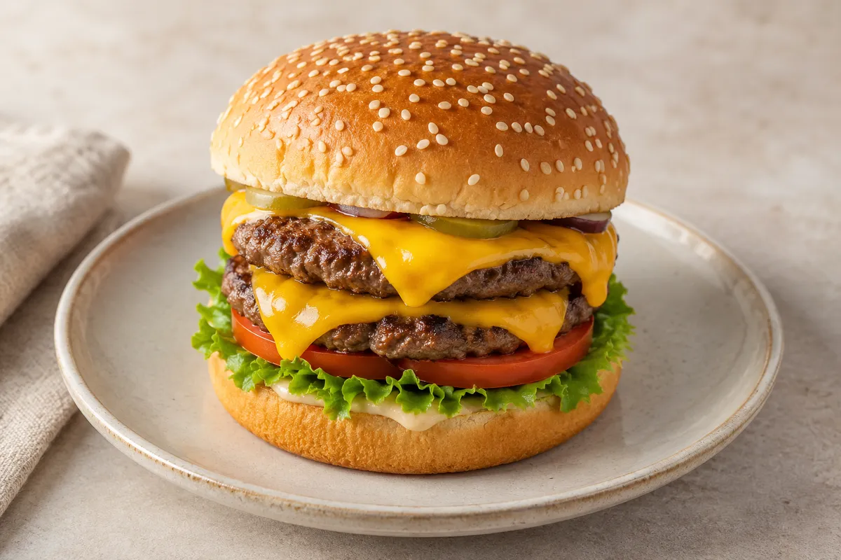 Double cheeseburger sur un fond de lin clair.