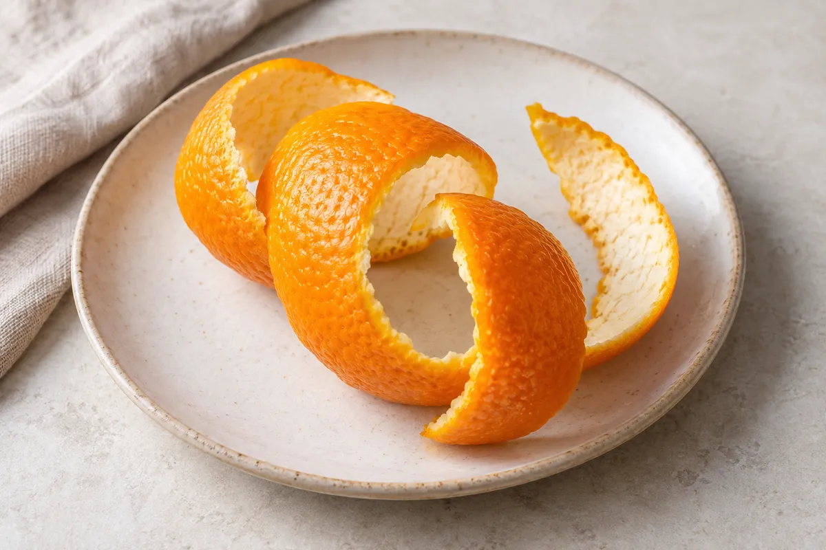 Ecorce d'orange sur un fond de lin clair.