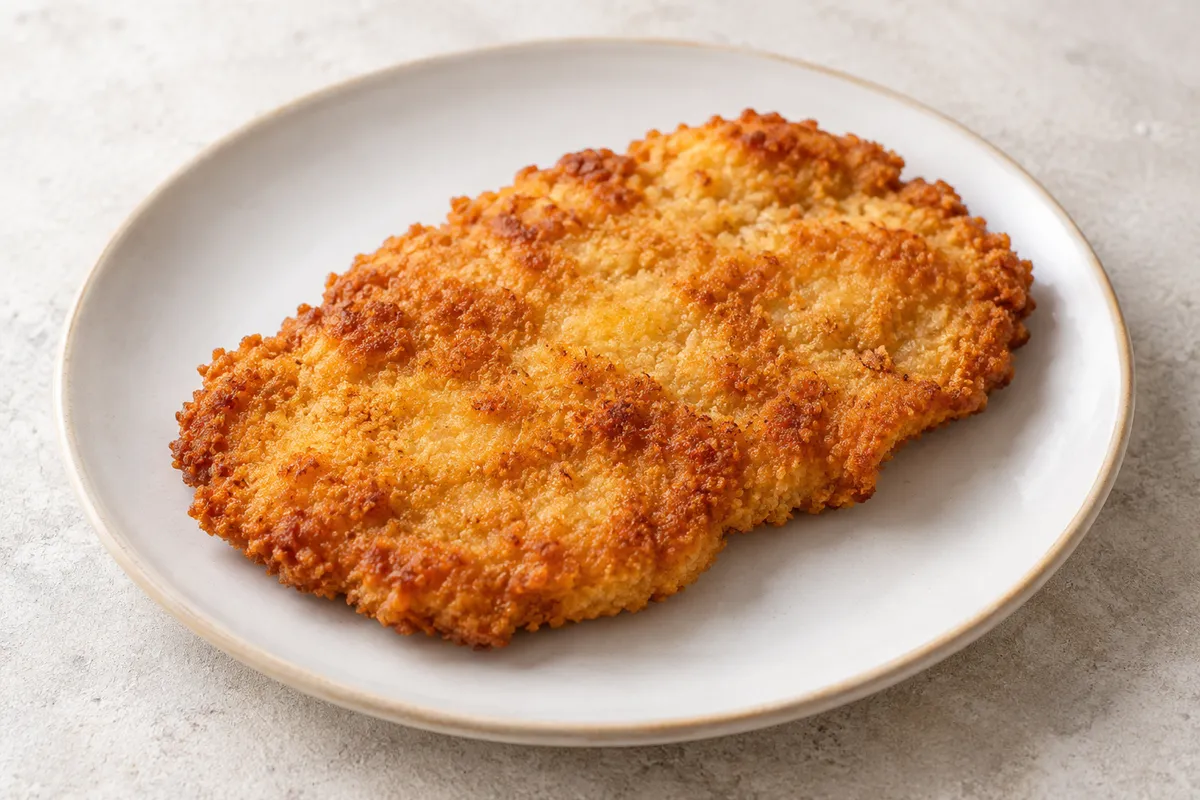 Escalope panée sur un fond de lin clair.