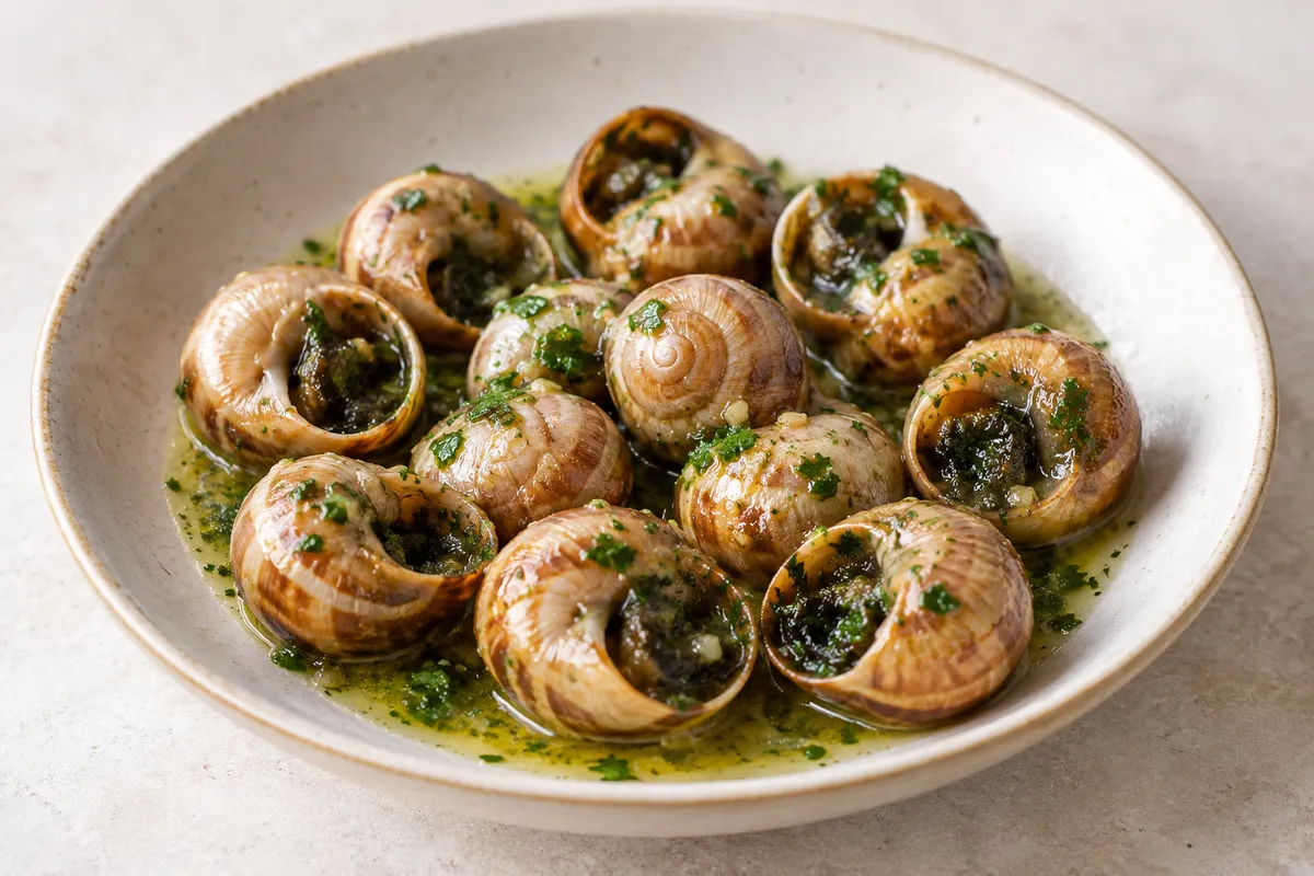 Escargot en sauce sur un fond de lin clair.