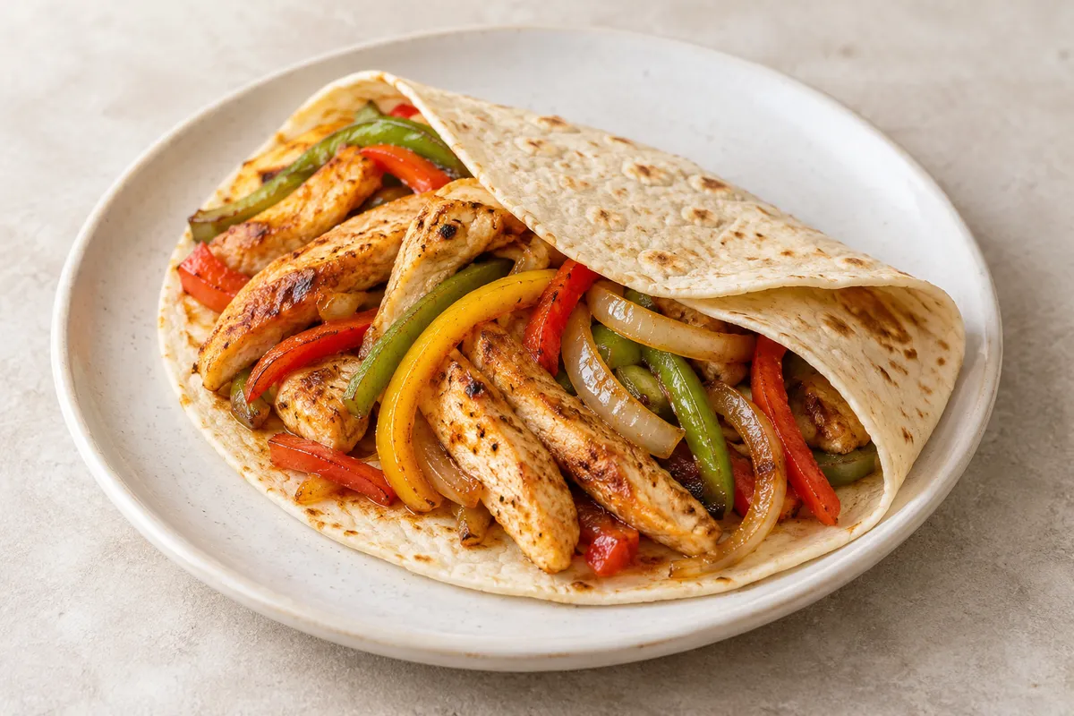 Fajita au poulet sur un fond de lin clair.
