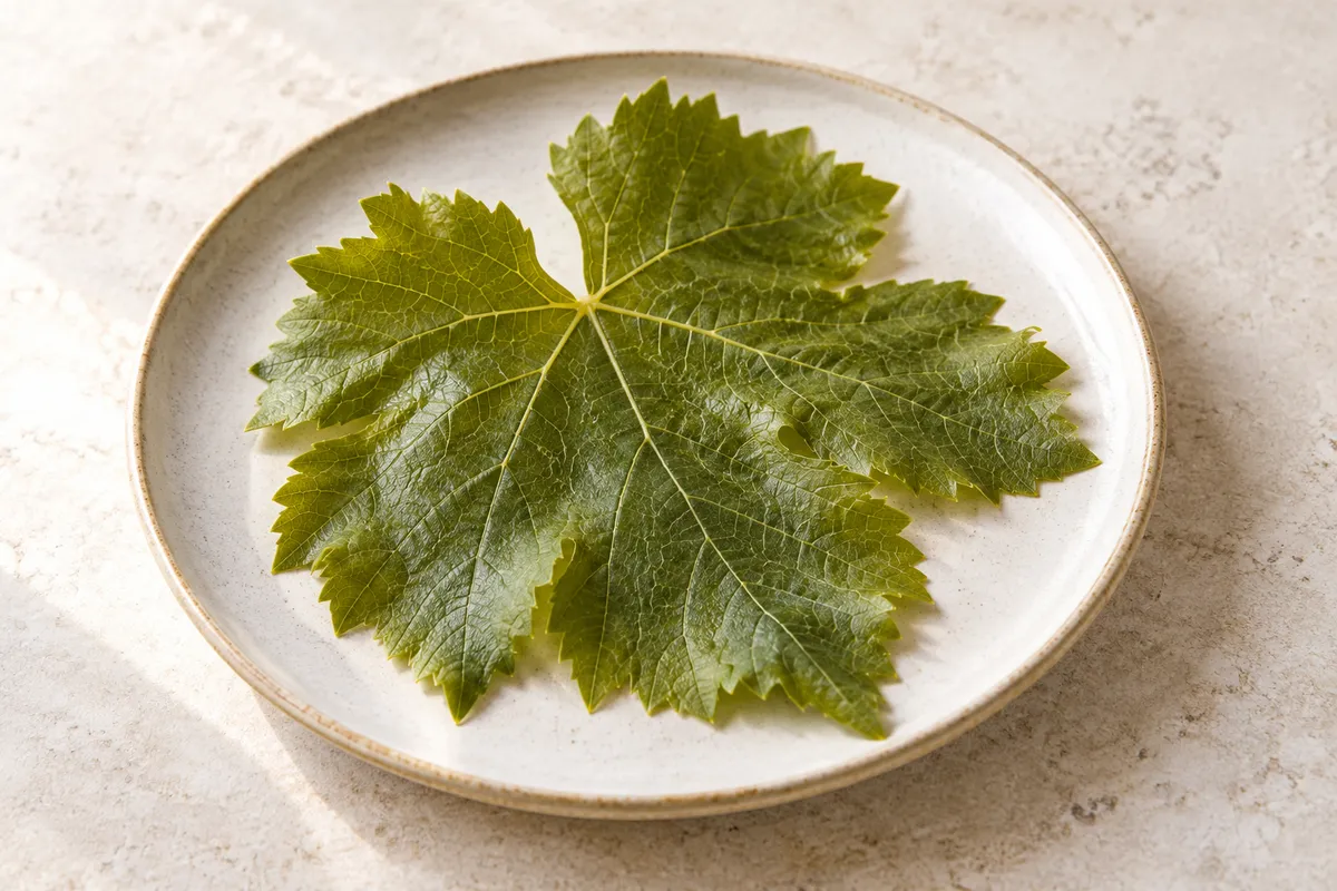 Feuille de vigne sur un fond de lin clair.