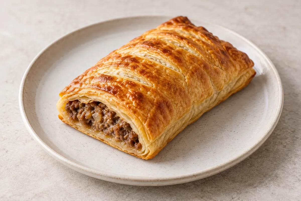 Feuilleté à la viande sur un fond de lin clair.