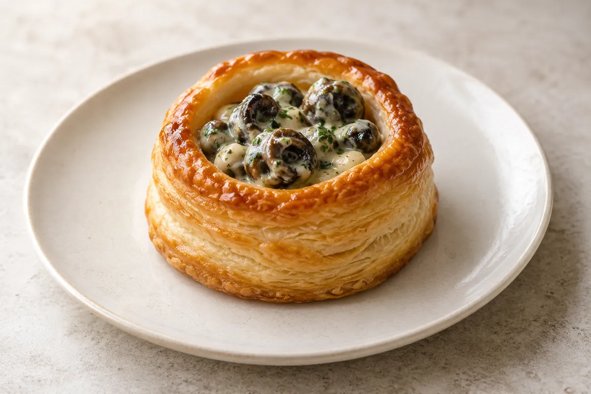 Feuilleté aux escargots sur un fond de lin clair.