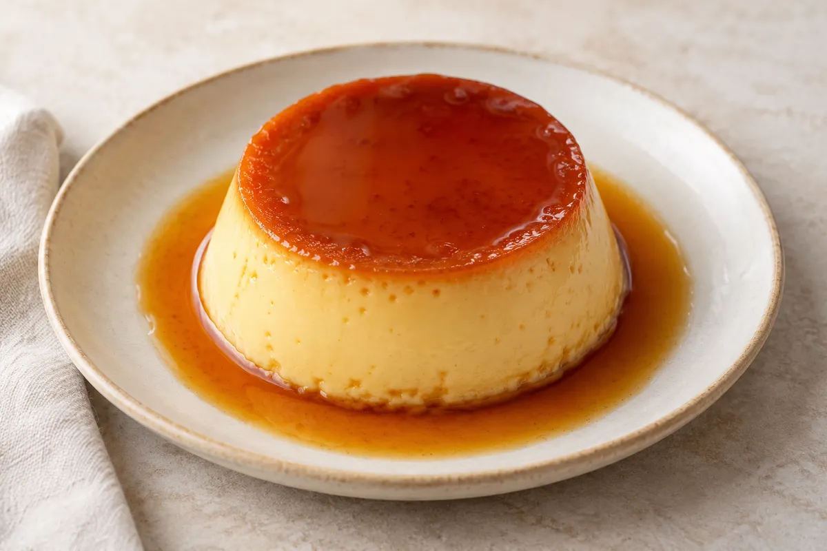 Flan aux oeufs sur un fond de lin clair.