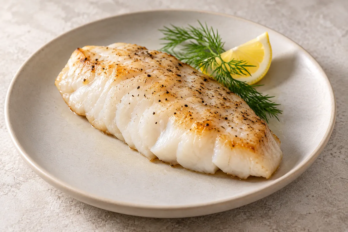 Flétan de l'Atlantique sur un fond de lin clair.