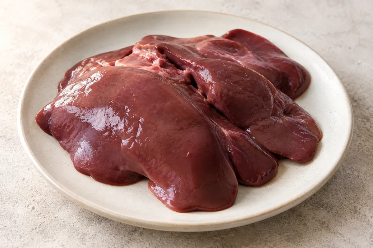 Foie agneau sur un fond de lin clair.
