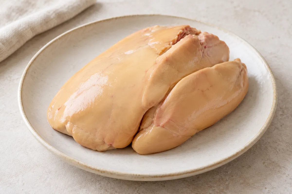 Foie canard sur un fond de lin clair.