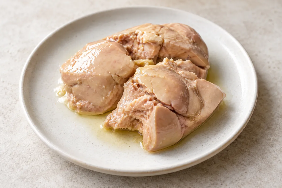 Foie de morue sur un fond de lin clair.