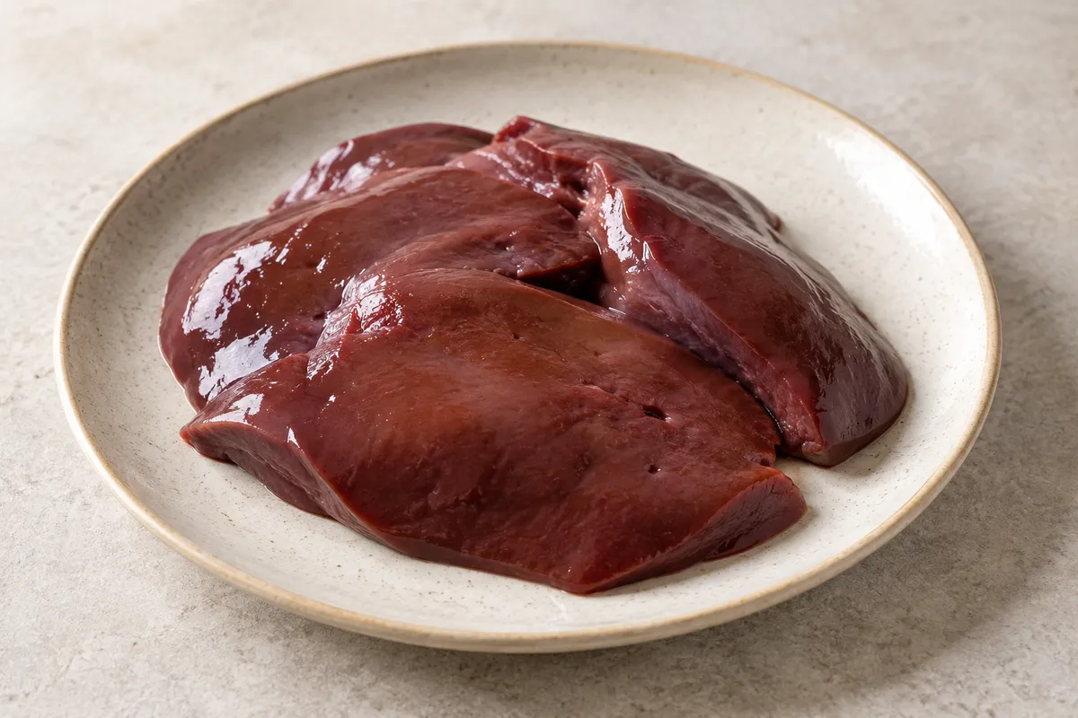 Foie porc sur un fond de lin clair.