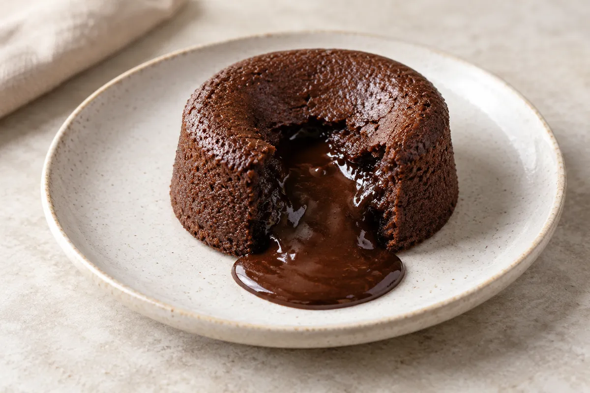 Fondant au chocolat sur un fond de lin clair.