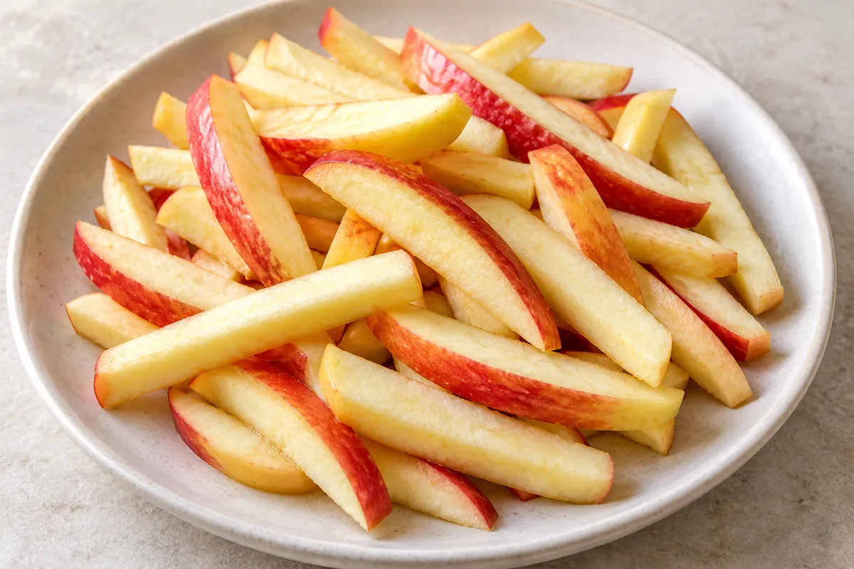 Frites de pommes sur un fond de lin clair.