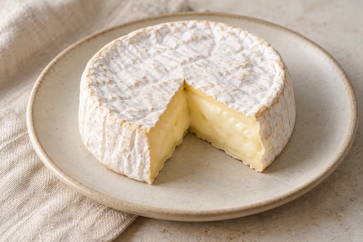 Fromage à pâte molle sur un fond de lin clair.