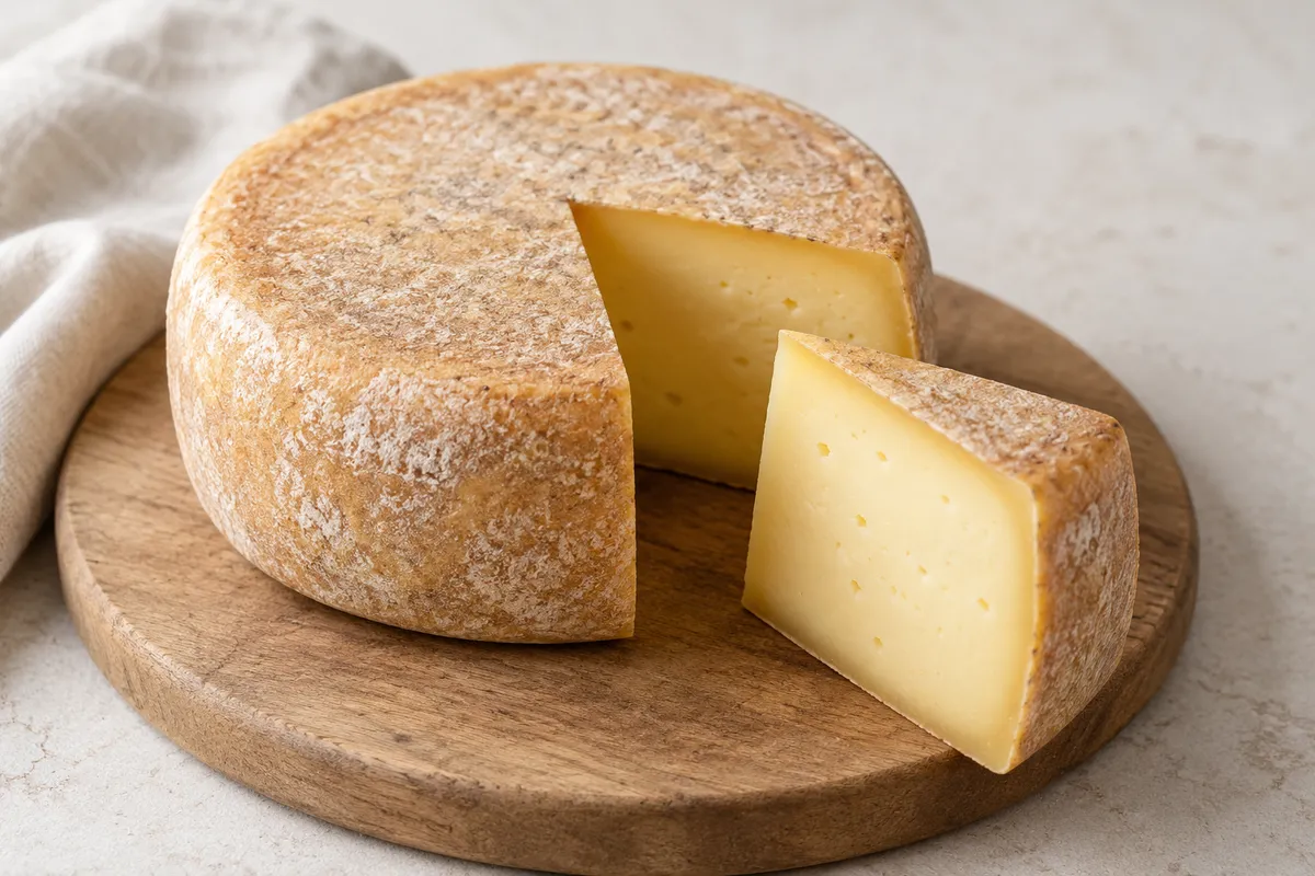 Fromage à pâte pressée sur un fond de lin clair.