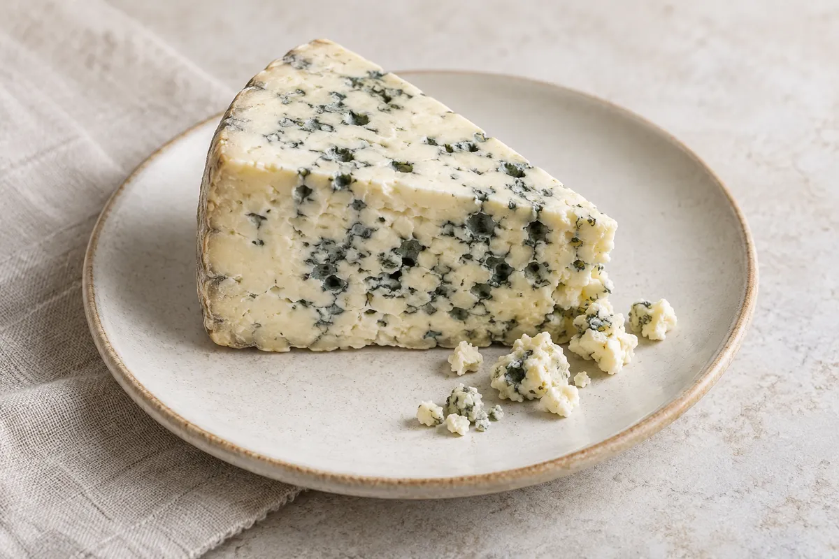 Fromage bleu sur un fond de lin clair.