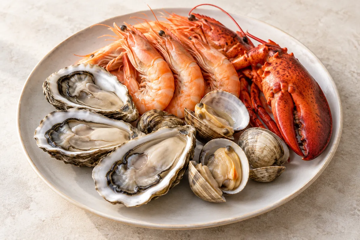 Fruits de mer sur un fond de lin clair.