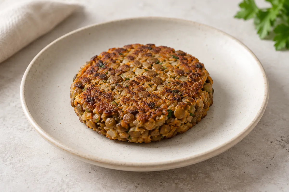Galette aux lentilles sur un fond de lin clair.