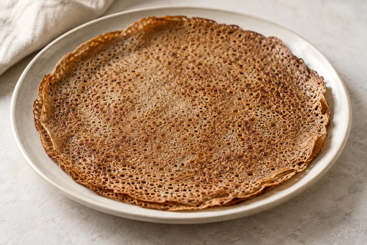Galette de sarrasin sur un fond de lin clair.