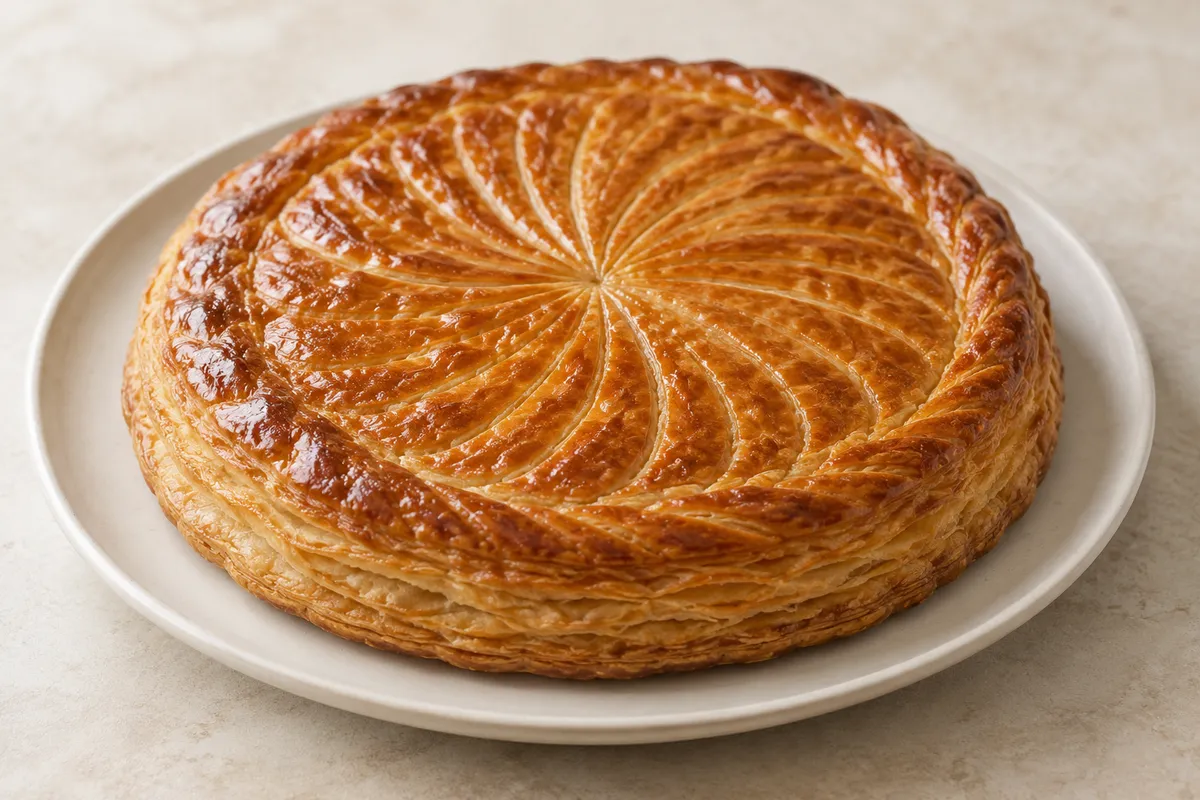 Galette des rois sur un fond de lin clair.