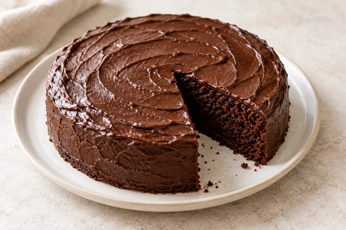 Gâteau au chocolat sur un fond de lin clair.