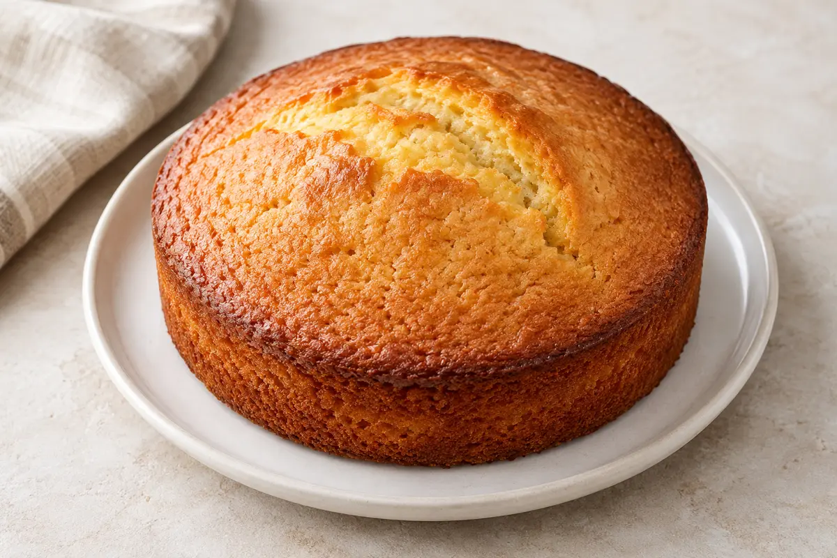 Gâteau au yaourt sur un fond de lin clair.