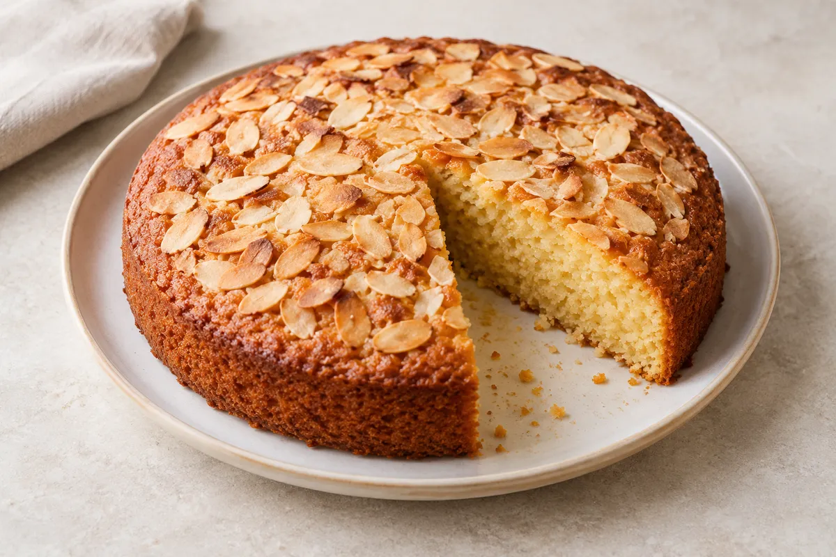 Gâteau aux amandes sur un fond de lin clair.