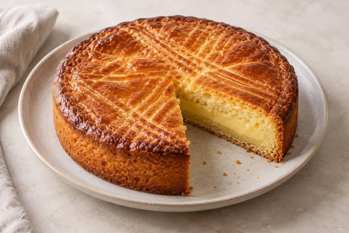 Gâteau basque sur un fond de lin clair.