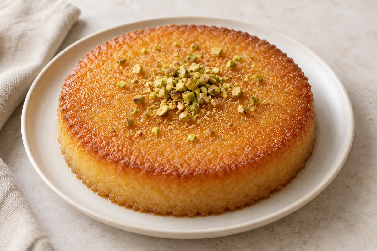 Gâteau de semoule sur un fond de lin clair.