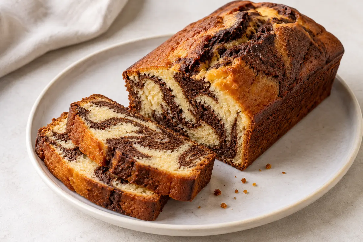 Gâteau marbré sur un fond de lin clair.