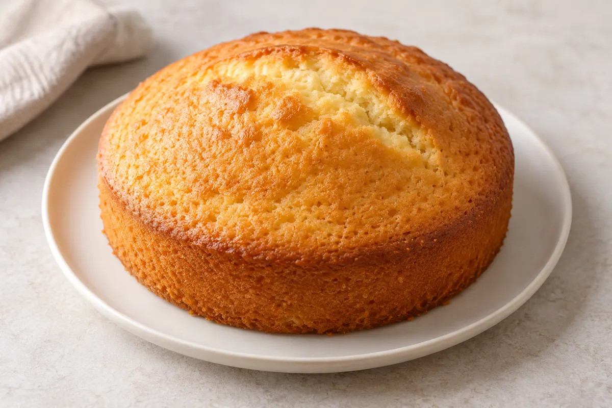 Gâteau moelleux sur un fond de lin clair.